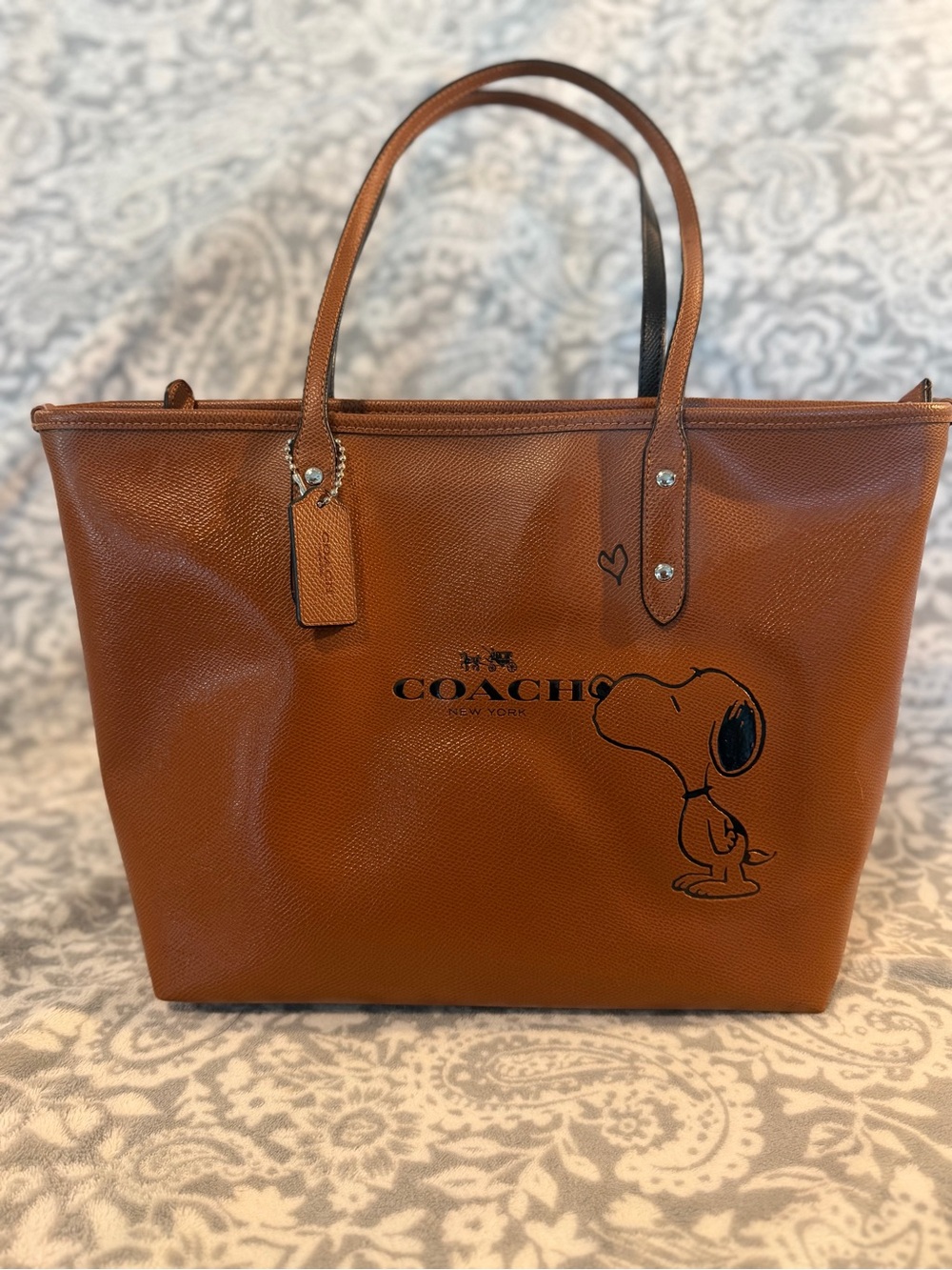 Coach Brown Leather Tote with Black Snoopy Graphic